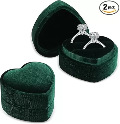 2 Pieces Small Green Velvet Heart Shape Ring Box, 2 Slots Ring Box for Wedding Ceremony, Ring Display Holder Case, Premium Ring Bearer Boxes for Proposal Engagement