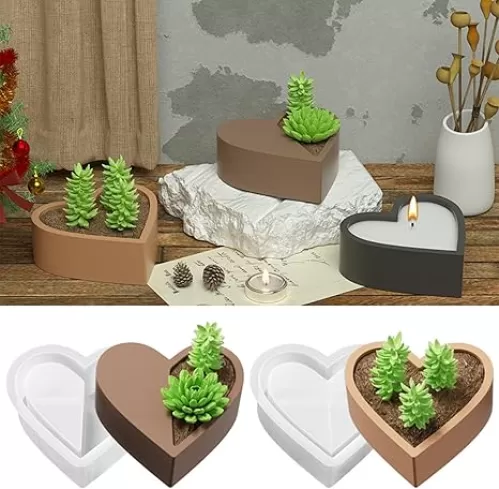 2Pcs Heart Shaped Flower Succulent Pot Silicone Molds, Concrete Candle Holder Mold, Cement Planter Pot Mold