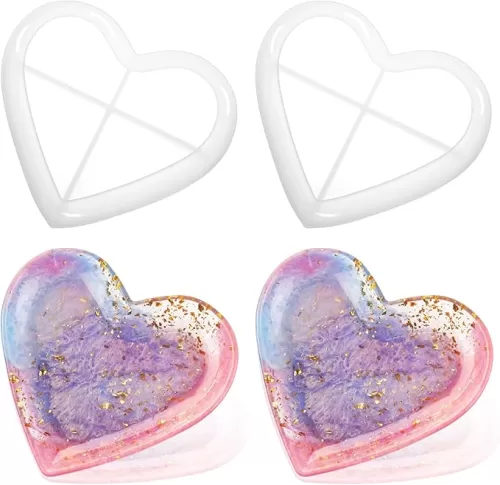 2Pcs Heart Silicone Molds, Small Love Heart Silicone Mold, Epoxy Polymer Casting Mold for Jewelry Plate Trinket Dish Bowl Cute Containers(5×4.5 Inches, Clear)