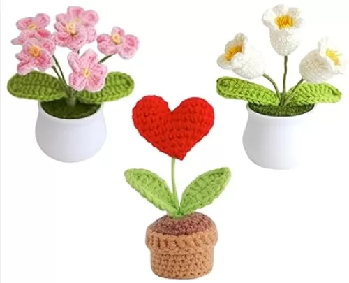 3 Pack Mini Crochet Flowers Decor - Handknitted Heart, Tulip, and Forget me not - Great for Home, Office, Gifts, and Decoration.