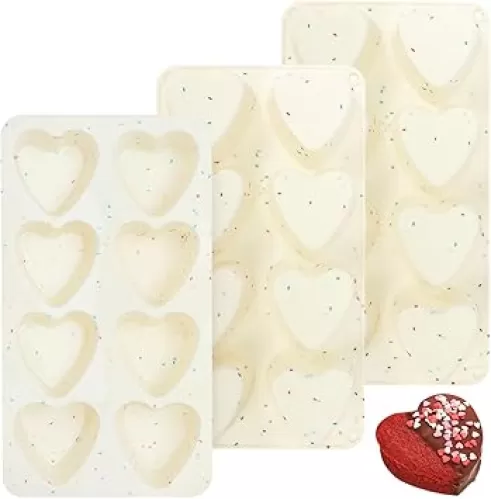 3 PCS Heart Molds Silicone 8 Cavities Heart Shaped Cupcake Pan for Baking Food Grade Muffin Pan Easy Clean Candles Epoxy Resin Valentine Craft for Making Chocolate, Candy, Soap and Jelly (Cream)