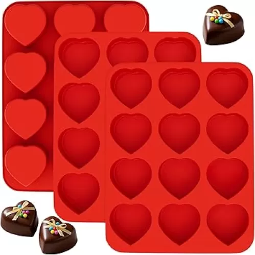 3 Pieces Heart Silicone Molds 12 Cavities Heart Chocolate Mold Non-Stick Heart Molds Silicone Heart Shaped Mold Baking Valentines Heart Molds for Making Soap Chocolate Jelly Candy (Red, Purpel, Pink)