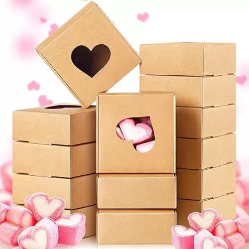 30 Pieces Mini Kraft Box with Clear Heart Shaped Window Gift Craft Paper Small Cookie Packaging Boxes 3 x 3 x 1. 2 Inch for Individual Cupcake Bakery Valentine Gifts Party Treats(Brown)
