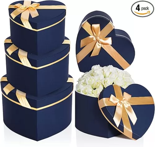 4 Pcs Heart Shaped Gift Box with Lid for Flower Arrangement Large Present Gift Box for Wedding Birthday Graduation Mothers day Anniversary Party(Classic, Navy Blue)