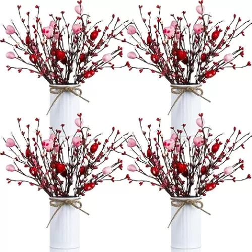 4 Sets Valentine‘s Day Table Centerpiece Floral Arrangement Vintage Artificial Decoration Flowers Heart Shaped Berry Flower Stems with Metal Pots for Wedding Anniversary Party Home Office