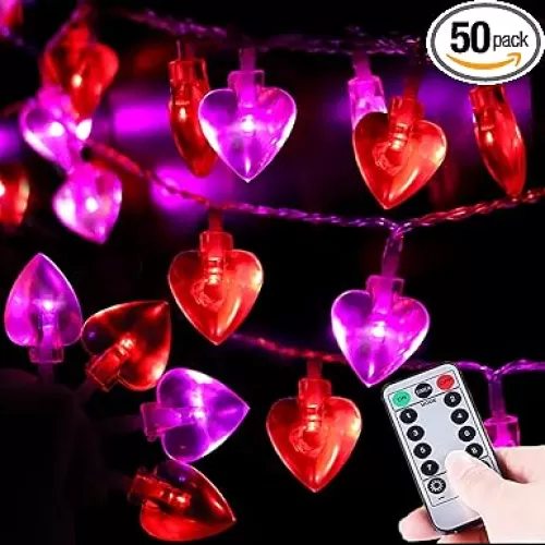 50 LED Red and Pink Valentines Lights, [Timer 8 Modes] Battery Operated Valentine Heart Lights String, Valentines Day Decor for Valentine Decoration Wedding Anniversary Mother Day