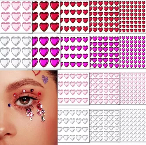 516 Pcs Heart Rhinestones Face Sticker Acrylic Self Adhesive Heart Gems Red Pink Clear Rose Red 6/10/12/18mm