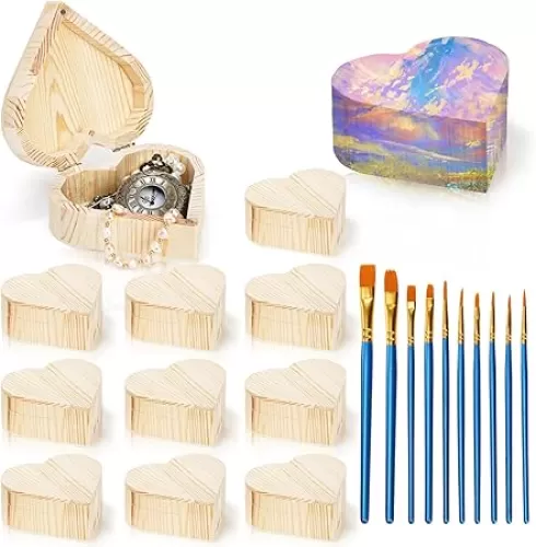 Acshio 12 Pack Unfinished Wood Heart Box, Unpainted DIY Treasure Chest with 10 Pcs Paint Brushes, Wooden Heart Shaped Storage Box Jewelry Box with Lid for Art Craft Painting Making