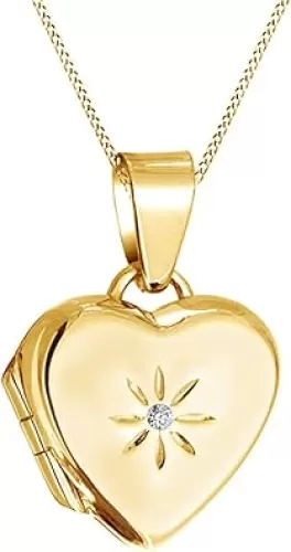 AFFY White Cubic Zirconia Star Flower Heart Locket Pendant Necklace in 14K Gold Over Sterling Silver