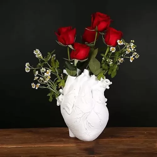 Anatomical Heart Vase for Flowers, Creative Resin Flower Pot Creative Heart Shaped Vase Countertop Desktop Ornament Table Desk DéCor, White Small