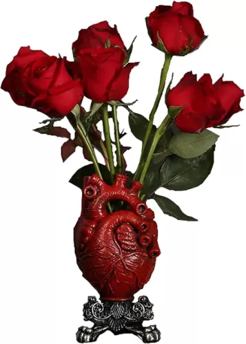 Anatomical Heart Vase, Resin Heart Shaped Flower Pot, Blood Red with Gold Base - 5.12 * 8.27inches (RED+Silver) for Bedroom, Living Room, Lobby, Gothic Desktop
