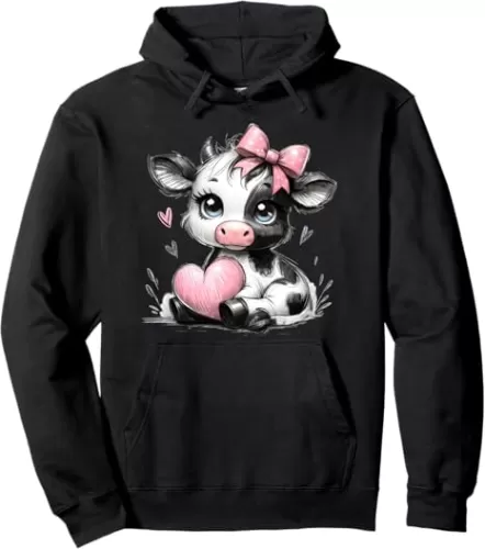 Awesome Black & White Cow Holding Heart Pink Coquette Bow Pullover Hoodie