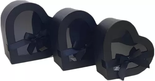 BBJ WRAPS Heart Shaped Boxes for Flowers Packaging with Transparent Window Lids Luxury Gift Box for Floral Arrangement, Set of 3(S/M/L) (Black)