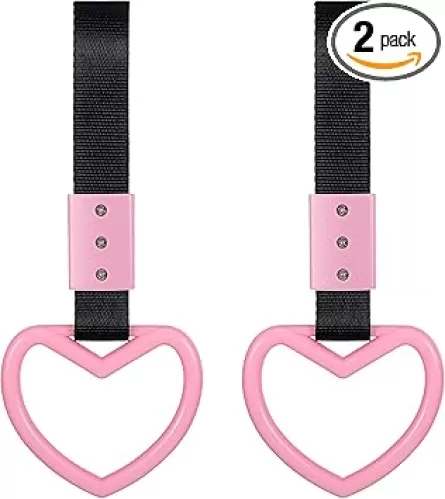 BBTO 2 Pieces Heart shaped Car Handle Straps Drift Charm Rear Bumper Warning Ring Decor Subway Bus Broken Heart Handle for Car Interior(Light Pink)