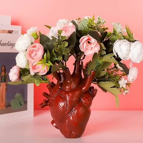 BTPOUY Red Anatomical Heart Vase Resin Flower Pot Desktop Ornament Heart Shaped Vases for Flowers Heart Sculptures Home Decor, 4.3x6 Inch