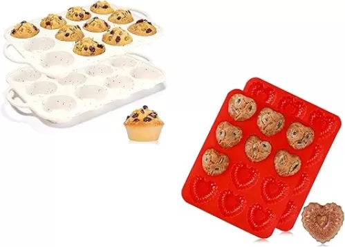 CAKETIME 12 Cups Regular Size Silicone Muffin Pan with Metal Reinforced Frame & Heart Shaped Silicone Muffin Pan