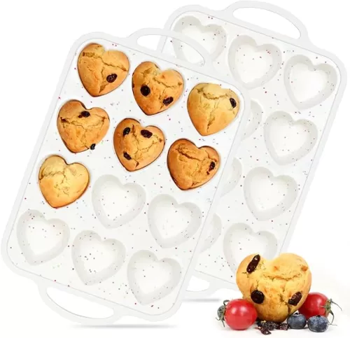 CAKETIME Heart Shaped Silicone Muffin Pan, Metal Reinforced Frame 12 Cups Silicone Molds for Valentine
