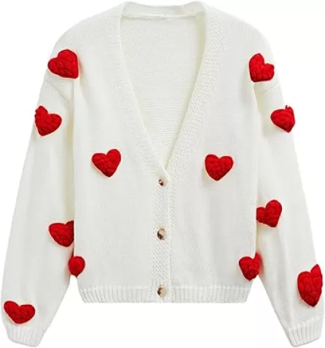 CHICWISH Women 3D Heart Open Front Cardigan Sweaters V-Neck Casual Button-Up Long Sleeve Cropped Knit Cardigan
