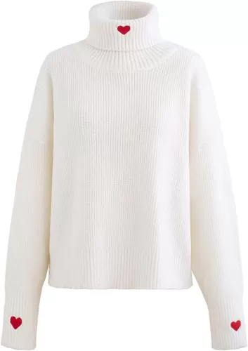 CHICWISH Women Comfy Casual Long Sleeve Heart Shape Patched Grey/White/Navy Knit Top Pullover Sweater