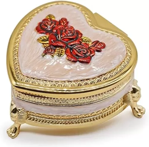 Classic Vintage Heart Shape Metal Jewelry Box Ring Trinket Storage Organizer Chest Christmas Gift, Medium