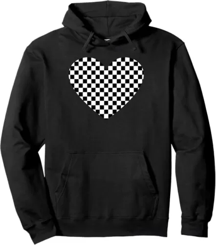 Cool Checkered Love Heart Plaid Black White Racing Party Pullover Hoodie