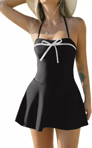 CUPSHE Women One Piece Swimsuit Swim Dress Sweetheart Neck Color Block Bandeau Bathing Suit Removable Straps