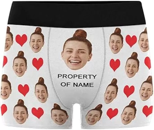 Custom Face Boxers Property of Girlfriends Name Red Hearts White Personalized Face Briefs Underwear for Men