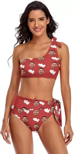 Custom Women Bikini Set Heart to Heart Red Face On Swimsuit Personalized Bathing Suits Swimwear with Photo