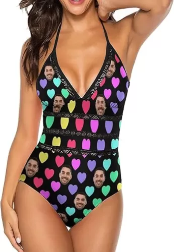 Custom Women's Sexy Swimming?Suit Color Love Heart Face One Piece Bathing Suit