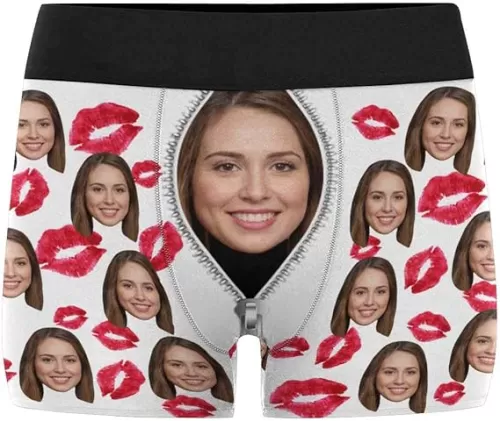 Customized Boxer Briefs for Men White Kiss Red Lips Zipper Underwear Personalized Funny Wife Face Shorts for Husband Gag Gift