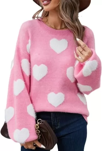 Cute Pink Heart Sweater for Women Knitted Love Sweaters Tops Holiday Outfits Crewneck Long Sleeve Pullover Shirts