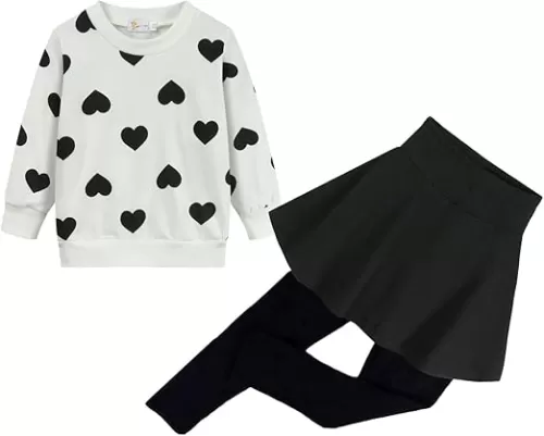DDSOL Toddler Girl Clothes Set Valentine Outfit Pink Red Love Heart Sweatshirt Top Legging Pant Skirt Kid Fall Clothing