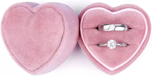 DesignSter Heart Shape Ring Bearer Box - Premium Velvet Gorgeous Vintage Double Ring Organizer Jewelry Gift Storage for Wedding, Proposal, Engagement, Ceremony (Pink)