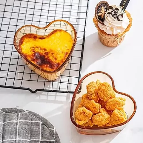 Dessert Pudding Ice-Cream Bowl, Candy Snack Dish, Heart-Shaped Small Glass Bowls, Set of 2, Amber Color