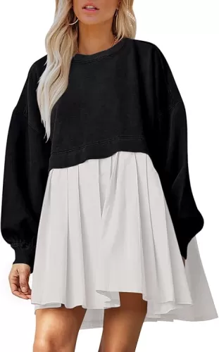 Dokuritu Sweatshirt Dress Women Crew Neck Long Sleeve Patchwork Pullover Tops Flowy Oversized Sweatshirt Mini Dress