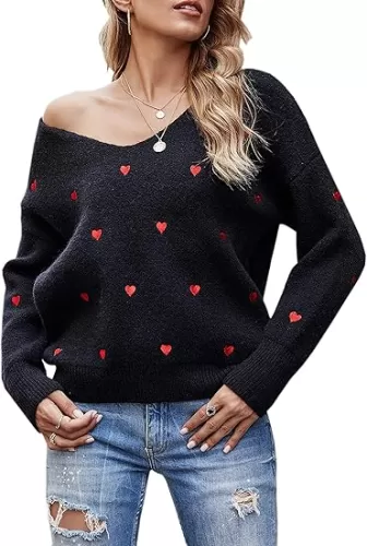 ECOWISH Women Valentine Heart Sweater V Neck Embroidery Knit Loose Casual Long Sleeve Ribbed Pullover Sweaters