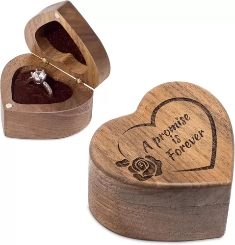 Engagement Proposal Ring Box Secret Slim Hidden Wooden Heart Shaped Engraved Ring Case Ring Bearer Box Ring Holder for Wedding Ceremony, Commemoration Day (A Promise Is Forever)