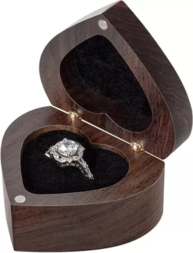 Engagement Slim Wood Ring Box Heart Shaped Ring Case for Proposal, Wedding Ceremony, Christmas Birthday Gift(The adventure begins)