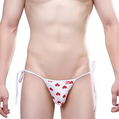 Evankin Valentines Underwear for Men, Sexy Heart Briefs, Novelty Funny Lingerie, Tie String Adjustable Bikini Thong White