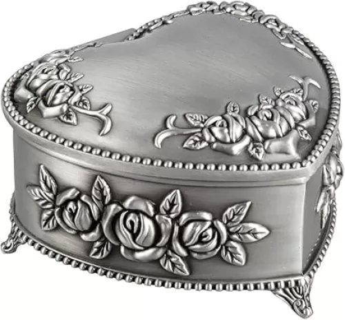 Feyarl Small Vintage Jewelry Trinket Box Ring Earrings Case Organizer Metal Treasure Chest Storage Heart Shape Decorative Keepsake Box Gift for Girl Women