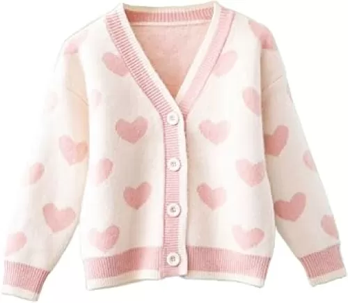 FindThy Girls Heart Print Cute Cardigan Long Sleeve V Neck Brushed Sweater Kawaii Cardigan Coat