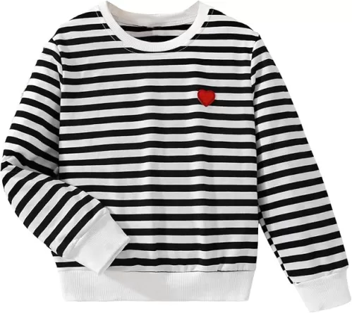 Floerns Girls Striped Print Long Sleeve Sweatshirts Round Neck Heart Embroidery Pullover Tops