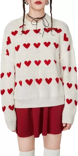 Floerns Women's Winter Heart Pattern Drop Shoulder Mock Neck Long Sleeve Casual Sweater Pullover