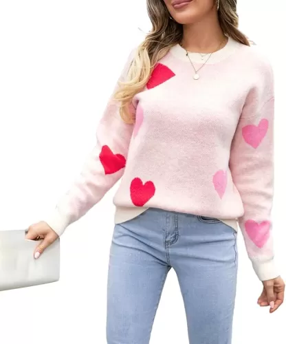 FOMOYUU Women Heart Print Sweater Valentine’s Day Pullovers Long Sleeve Round Neck Knitted Blouse Casual Loose Sweatshirt