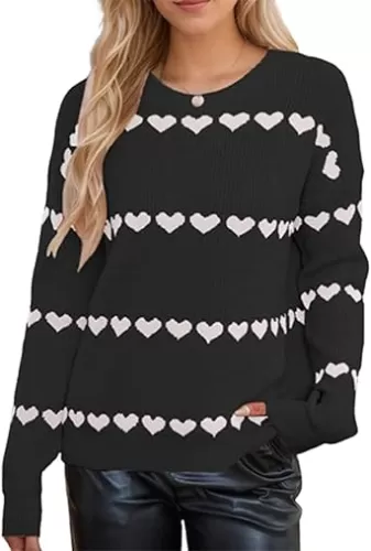 FOMOYUU Womens Fall Sweaters Heart Print Long Sleeve Crew Neck Striped Pullover Loose Knitted Jumper 2025