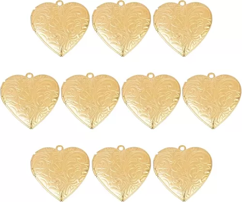 Framendino, 10 Pack Gold Stainless Steel Heart Locket Photo Picture Charms Pendants for Jewelry Making