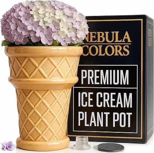 Fun & Unique Ice Cream Cone Flower Planter Charming 7" Tall Ceramic Vase for Indoor & Outdoor Home Decor – Quirky Retro Garden Art for Plant Lovers