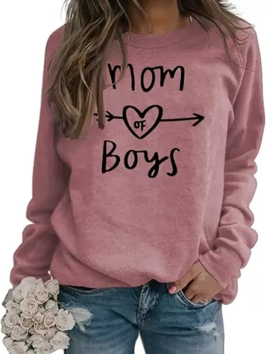 GaoCold Mom of Boys Sweatshirt Women Long Sleeve Letters Print Pullover Mama Sweatshirt Casual Loose Crewneck Winter Tops