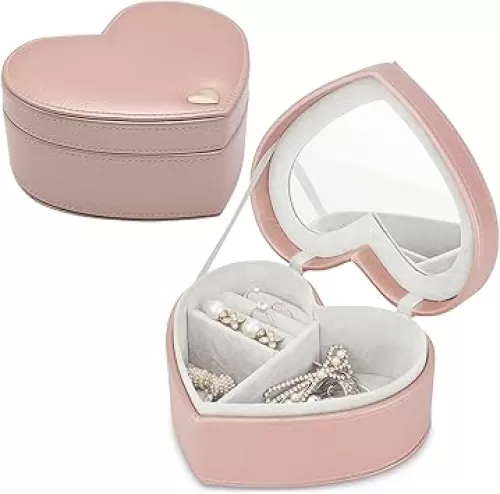 Girls Jewelry Box, Heart Shape Portable Jewelry Organizer Case with Mirror for Earrings Rings Necklaces, Gift for Mothers Day (Champagne Pink)