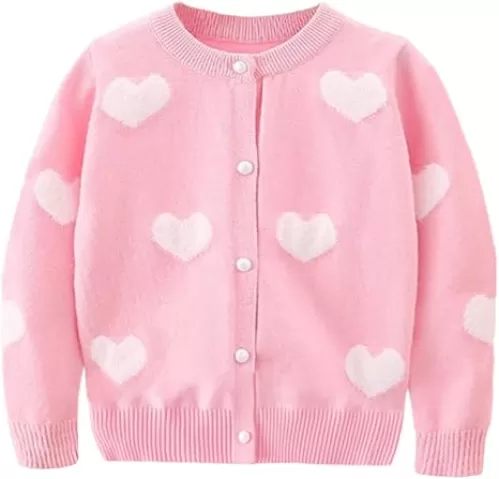 Girl's Knit Cardigan Long Sleeve Winter Heart Colorful Rainbow Button Up Sweater Coat for Kids Girl 2-7 Years